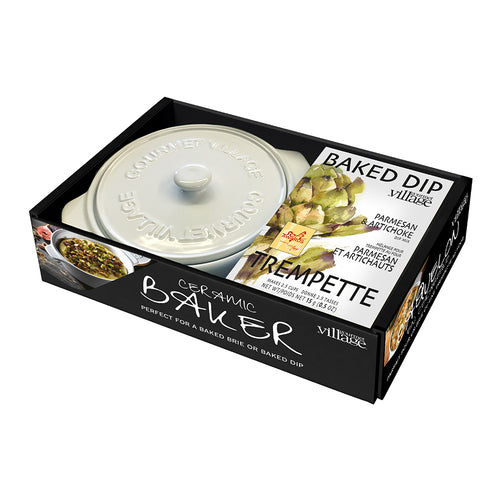 White Ceramic Baker gift set with Parmesan & Artichoke dip